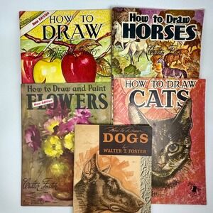 Vintage Walter Foster How to Draw Books Lot of 5 Horses Dogs Cats Flowers Art